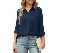 Odosalii Navy Blue Blouse Roll-Up Sleeve Office Shirt Early Fall Work Top