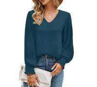 Odosalii Oversized Shirts for Women Elegant Lantern Long Sleeve Baggy Pleated Puff Sleeves Jumper Casual V-Neck Solid Color Blouse Going Out Tops UK Deep Teal