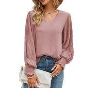 Odosalii T Shirts for Women UK Casual V Neckline Tunic Blouses Flowy Plain Long Sleeve Work Office Shirts Pink Tops for Wedding Guests X-Large