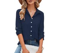 Odosalii Women Tops, Blouses for Women UK, Collared V Neck Long Sleeve Button Down Shirts, Business Casual Outfits Work Office Clothes Attire Summer Fashion 2026 Navy Blue Size 18-20