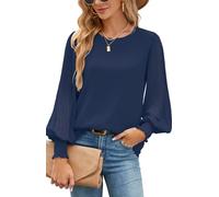 Odosalii Women's Blouse Chiffon Pleated Lantern Sleeves Long Sleeve Elegant Round Hall Tops Loose Double Layer Tunic Tops, navy blue, XL