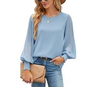 Odosalii Women's Blouse Chiffon Pleated Lantern Sleeves Long Sleeve Elegant Round Hall Tops Loose Double Layer Tunic Tops, blue, XL