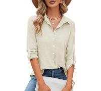 Odosalii Womens Blouses Button Down Shirts Collared Roll-Up Long Sleeve Tops Soft Wrinkle Free No Iron Blouse, Tunic Tops for Women UK Soft Halloween Holiday Outfits Beige Size 16-18