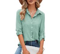 Odosalii Womens Blouses Button Down Shirts Collared Roll-Up Sleeve Business Casual Tops Soft Loose Fit V Neck Blouse Formal Work Shirt Loungewear Evening Resort Wear Tops Light Green Size 16-18