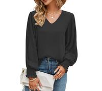Odosalii Women's Blouses Plus Size Elegant V Neckline Tops Plain Long Sleeve Funeral Pullover Shirts, Basic Baggy Jumper Black Chiffon Tunic Tops