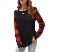 Odosalii Women's Blouses & Shirts Plaid Print Long Sleeve Tops Baggy Sweatshirt Elegant Round Neck Patchwork Jumpers for Autumn Winter, Black Plaid