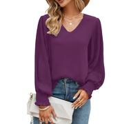 Odosalii Women's Blouses & Shirts V-Neck Tops Chic Long Sleeve Purple Chiffon Tops Dressy Solid Color Lantern Sleeve Jumper Dailywear UK Size 10 12