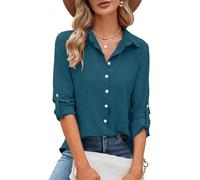 Odosalii Womens Button Down Shirts V Neck Rolled Up Long Sleeve Tops Elegant Dressy Blouses Business Casual Outfits, Teal, XXL