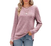 Odosalii Women's Long Sleeve Tops, Ladies Fashion Solid Color Round Neck Jumper Chic Striped Side Split Tops, for Winter Christmas Valentine's Day Shirts Light Pink