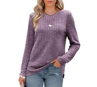 Odosalii Women's Long Sleeve Tops Lightweight Soft Tunics Tops Fall Casual Round Neck Pullover Ribbed Side Split Knit Sweatshirt Stretchy Sweaters Tops Purple