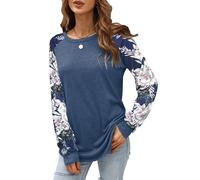 Odosalii Women's Pullover Casual Floral Long Sleeve Shirt Round Collar Tops Elegant Shirt Tunic Top Blouse, Navy Blue+Flowers, S