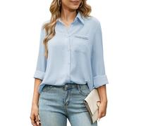 Odosalii Womens Shirts Button Down V Neck Long Sleeve Dressy Tops Elegant Smart Blouses Light Blue Shirt Business Casual Formal Interview Office Outfits UK Size 16-18