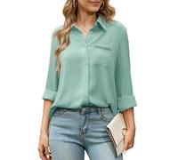 Odosalii Womens Shirts Long Sleeve Green Tops Ladies V Neck Button Down Shirts Lightweight Dressy Casual Going Out Top Wrinkle Free Elegant Smart Blouse UK Size 8-10