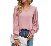Odosalii Women's T-Shirts Long Sleeve Loose Fit Tops Business Casual Chiffon V Neck Longline Smart Solid Color Pink Blouse Size 6 8