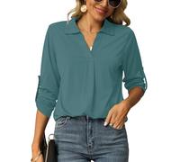 Odosalii Womens Tops V Neck T Shirt Long Roll-up Sleeve Shirts Casual Summer Blouses Work Tunic Tops UK Size 10 12,Blue Green