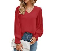 Odosalii Womens Tunic Tops Casual Long Sleeve Blouses Red Longline Solid Color V Neckline Smart Work Office T-Shirt Christmas Outfits UK Size 8 10