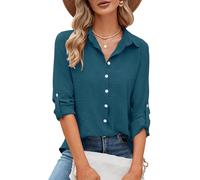 Odosalii Women's V-Neck 3/4 Sleeve Chiffon Causal Casual Tops Long Sleeve Shirts Tunic Shirt Blouse, blue-green, M