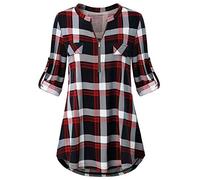 Odosalii Women's V-Neck Chequered Blouse 3/4 Sleeve Short Sleeve Zip Tunic Tops Long Shirt T-Shirt, A_red chequered, XL