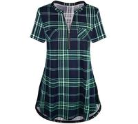 Odosalii Women's V-Neck Chequered Blouse 3/4 Sleeve Short Sleeve Zip Tunic Tops Long Shirt T-Shirt, B_deep green chequered, XL