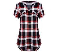 Odosalii Women's V-Neck Chequered Blouse 3/4 Sleeve Short Sleeve Zip Tunic Tops Long Shirt T-Shirt, B_red chequered short sleeve., S