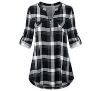 Odosalii Womens Zip Up Plaid Tunic Blouse Rolled Up Sleeve Polo Top Check Shirts, 1black, M