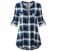 Odosalii Womens Zip Up Plaid Tunic Blouse Rolled Up Sleeve Polo Top Check Shirts