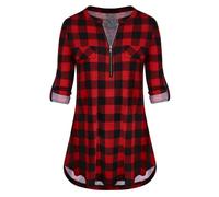 Odosalii Womens Zip Up Plaid Tunic Blouse Rolled Up Sleeve Polo Top Check Shirts