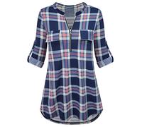 Odosalii Womens Zip Up Plaid Tunic Blouse Rolled Up Sleeve Polo Top Check Shirts