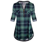 Odosalii Womens Zip Up Plaid Tunic Blouse Rolled Up Sleeve Polo Top Check Shirts