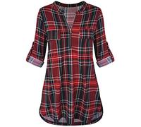 Odosalii Womens Zip Up Plaid Tunic Blouse Rolled Up Sleeve Polo Top Check Shirts (L-Red Black, 3X-Large)