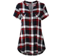 Odosalii Womens Zip Up Plaid Tunic Blouse Rolled Up Sleeve Polo Top Check Shirts (Medium, Red-Short Sleeve)
