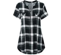 Odosalii Womens Zip Up Plaid Tunic Blouse Rolled Up Sleeve Polo Top Check Shirts (Small, Black-Short Sleeve)