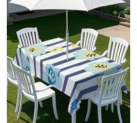 Odot 3D Vertical Stripes Tablecloths Rectangular Waterproof with Umbrella Parasol Hole and Zipper, Table Cover Wipe Clean Garden Outdoor Table Cloth for Garden Party (Blue,213x152cm)