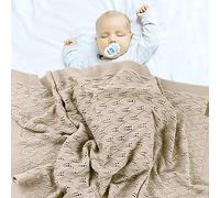 Odot Baby Soft Knit Pure Blanket for Boys Girls Hollow Leaf Shape, Toddler Warm Swaddle Sleeping Square Throw Blankets Knitted Patterns Pram Cot Bed Textured Sleep Blanket (100 * 80cm,Camel)