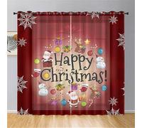 Odot Christmas Voile Sheer Curtains 2 Panels for Living Room, Xmas printed Semi Sheer Curtains Light Filtering Tulle Eyelet Curtains Drapes for Bedroom Windows (W52 x L71.6,Red)