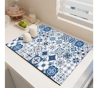Odot Dish Drainer Mat, Moroccan Style Non Slip Washable Drainer Mat Dish Drying Mats for Kitchen, Nanofiber Diatomaceous Earth Multifunctional Drying Mat (Blue,40x60cm)