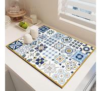Odot Dish Drainer Mat, Moroccan Style Non Slip Washable Drainer Mat Dish Drying Mats for Kitchen, Nanofiber Diatomaceous Earth Multifunctional Drying Mat (Yellow Blue,40x60cm)