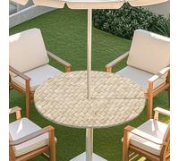 Odot Elastic Edge Round Fitted Tablecloth Protector Waterproof Outdoor Round Tablecloth with Parasol Hole and Zipper, Wipe Clean Table Cover for Garden BBQ Party, Woven (Beige,S:79-89cm)