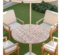 Odot Elastic Edge Round Fitted Tablecloth Protector Waterproof Outdoor Round Tablecloth with Parasol Hole and Zipper, Wipe Clean Table Cover for Garden BBQ Party, Woven (Pink,L:114-137cm)