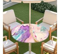 Odot Elastic Edge Round Fitted Tablecloth Protector Waterproof Outdoor Round Tablecloth with Parasol Hole and Zipper, Wipe Clean Table Cover for Garden BBQ Party, 3D Marble (Pink,L:114-137cm)