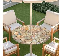 Odot Elastic Edge Round Fitted Tablecloth Protector Waterproof Outdoor Round Tablecloth with Parasol Hole and Zipper, Wipe Clean Table Cover for Garden BBQ Party - Vintage (Stones,S:79-89cm)