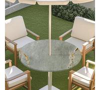 Odot Elastic Edge Round Fitted Tablecloth Protector Waterproof Outdoor Round Tablecloth with Parasol Hole and Zipper, Wipe Clean Table Cover for Garden BBQ Party, Marble White (Green grey,M:91-112cm)