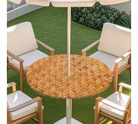 Odot Elastic Edge Round Fitted Tablecloth Protector Waterproof Outdoor Round Tablecloth with Parasol Hole and Zipper, Wipe Clean Table Cover for Garden BBQ Party, Woven (Brown,M:91-112cm)