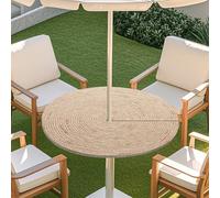 Odot Elastic Edge Round Fitted Tablecloth Protector Waterproof Outdoor Round Tablecloth with Parasol Hole and Zipper, Wipe Clean Table Cover for Garden BBQ Party, Woven (Classic,L:114-137cm)