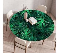 Odot Elastic Edged Round Fitted Tablecloth Protector Green Plants Print Wipeable Circle Tablecloth Indoor Outdoor Table Cover Wipe Clean for Kitchen Picnic Dining Room Tabletop (110cm,Tropical)