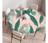Odot Elastic Edged Round Fitted Tablecloth Protector Green Plants Print Wipeable Circle Tablecloth Indoor Outdoor Table Cover Wipe Clean for Kitchen Picnic Dining Room Tabletop (80cm,Pink)