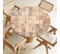 Odot Fitted Round Tablecloth with Elastic Edge, Non-Slip Stretch Table Cover, Washable Wipe Clean Table Protector for Kitchen, Fits 60-160cm Round Tables (Wooden Blocks 10,120cm)