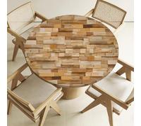 Odot Fitted Round Tablecloth with Elastic Edge, Non-Slip Stretch Table Cover, Washable Wipe Clean Table Protector for Kitchen, Fits 60-160cm Round Tables (Wooden Blocks 8,80cm)