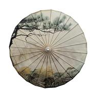 Odot Ink Landscape Pattern Wooden Handle Rainproof Paper Parasol Umbrella, 24 Ribs Chinese Oil Paper, for Costumes Wedding Dancing Props Photography Personal Sun Umbrella (Trees,84cm)