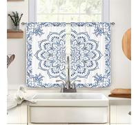 Odot Kitchen Valance Curtain with Rod Pocket, Mandala Print 2pc Small Cafe Short Curtains Tiers, Valance Pelmet for Bathroom Cupboard, Small Windows, Living Room, Bedroom (Blue 2,W140xH145cm)